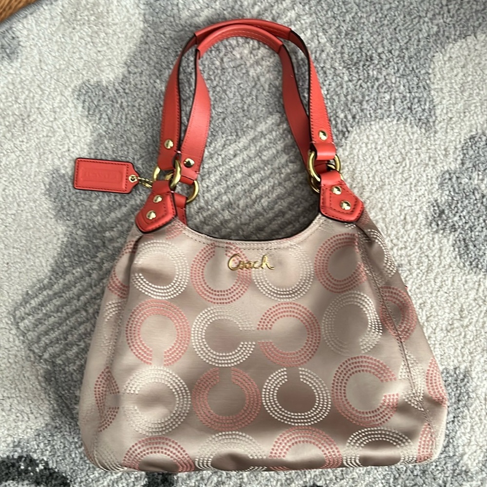 COACH F21920 Op Art Dotted Ashley Hobo Handbag Satchel in Tan and Coral